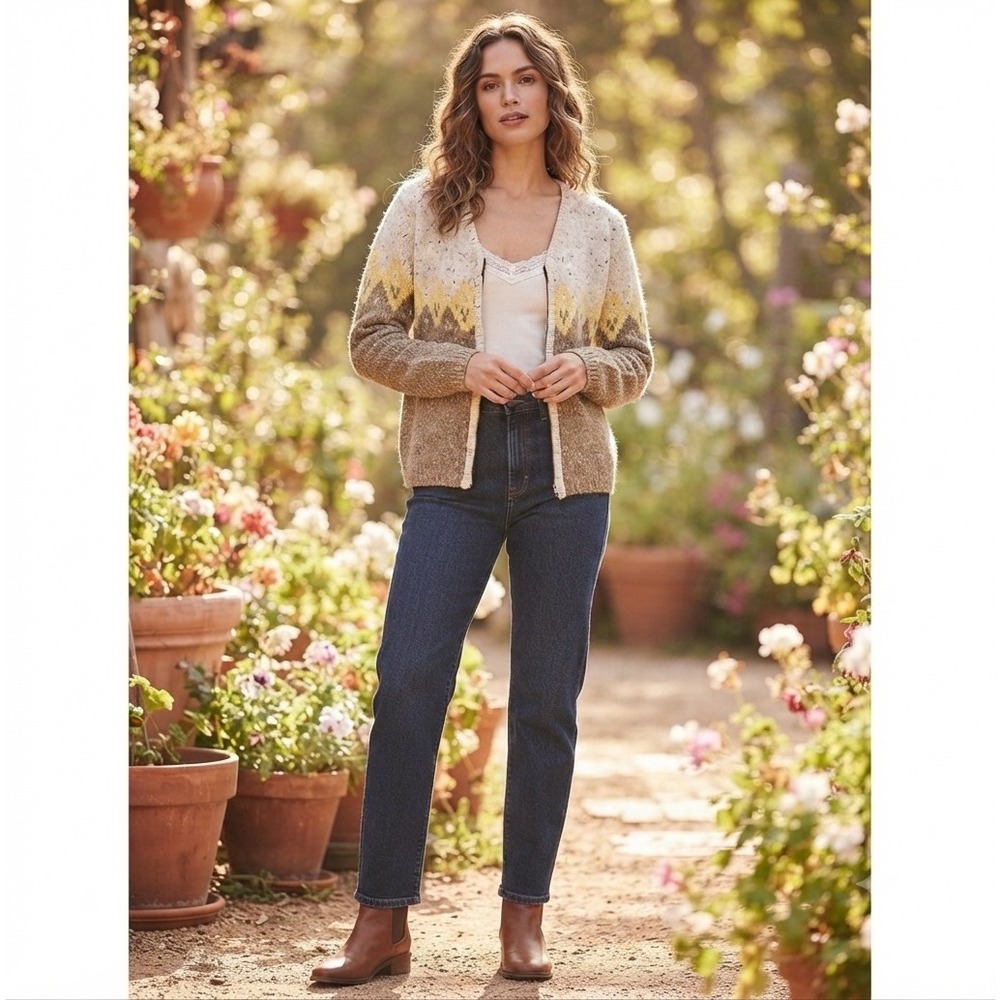 St Johns Bay Petite Large Cream Knit Full Zip Cardigan Sweater Women's
